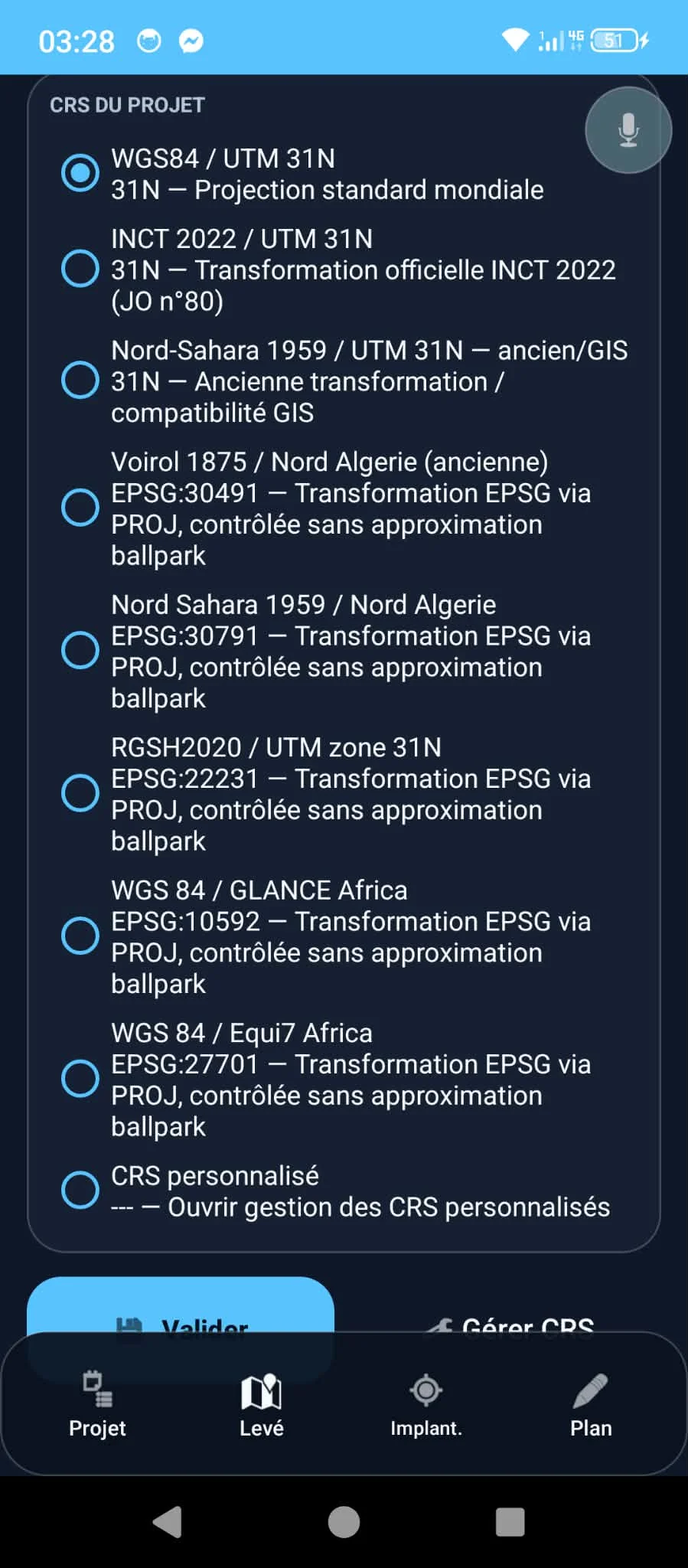 WorldGNSS Field worldwide CRS selection screen